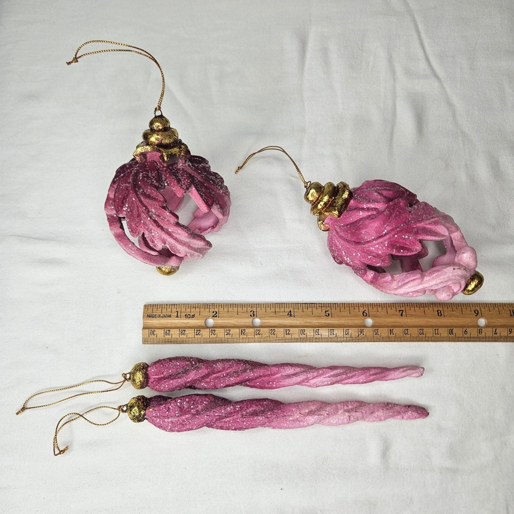 Pink Gold Glitter Icicle Acanthus Leaf Christmas Ornament Set 4pc Victorian